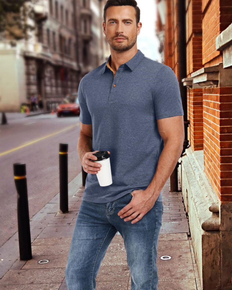 Polo de hombre Ethan en algodón stretch – Cuello contrastado y cierre de 3 botones