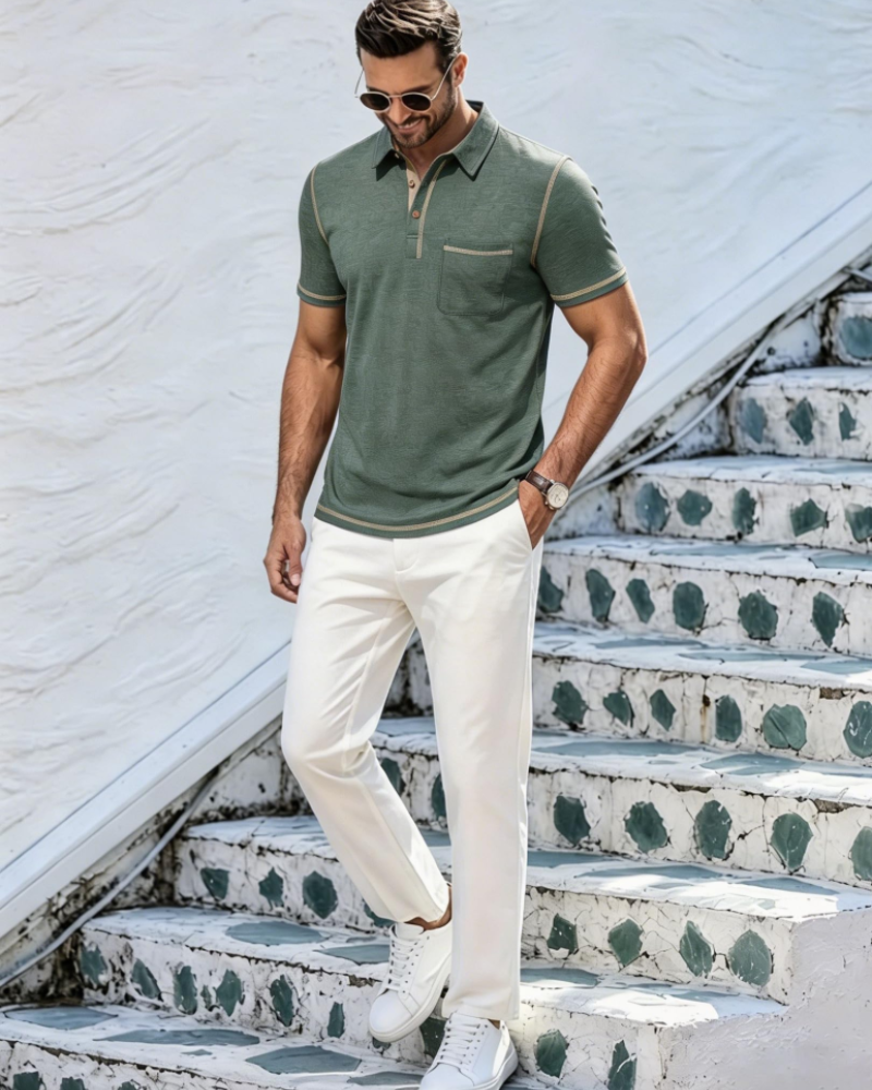 Polo Ryan para Hombre de Algodón Stretch – Manga Corta, Bolsillo en el Pecho y Cuello en Contraste
