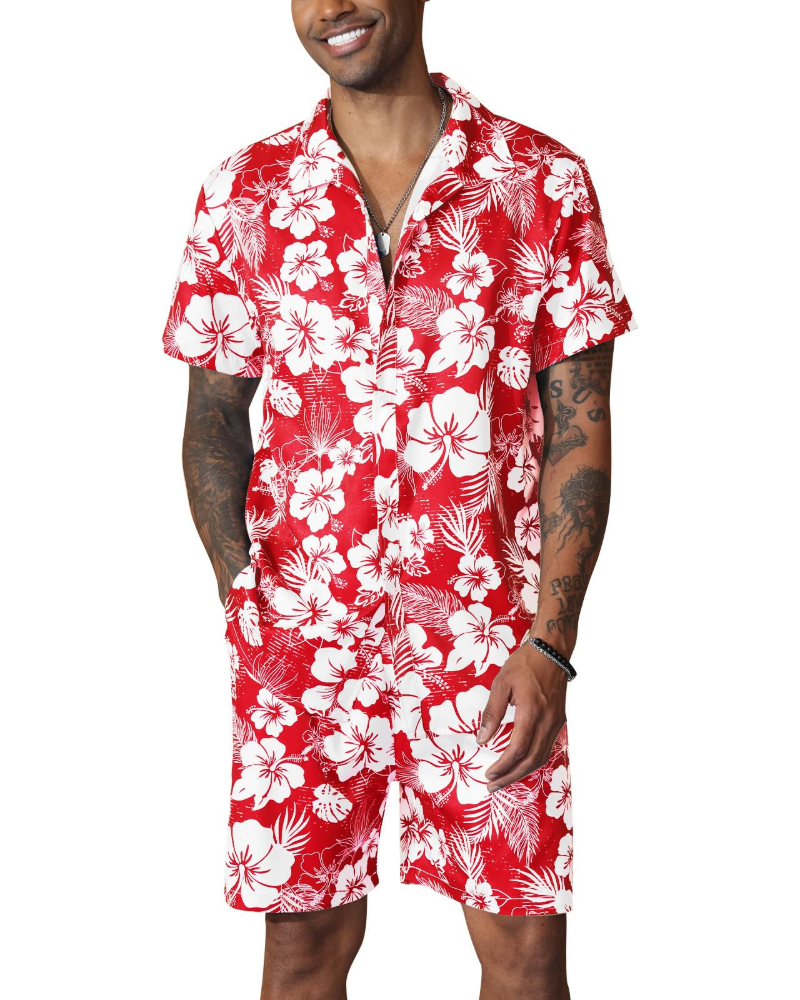 Noah Ensemble Hawaiisk Herre – Blomstret Skjorte & Sommerstrandshorts 2 Dele