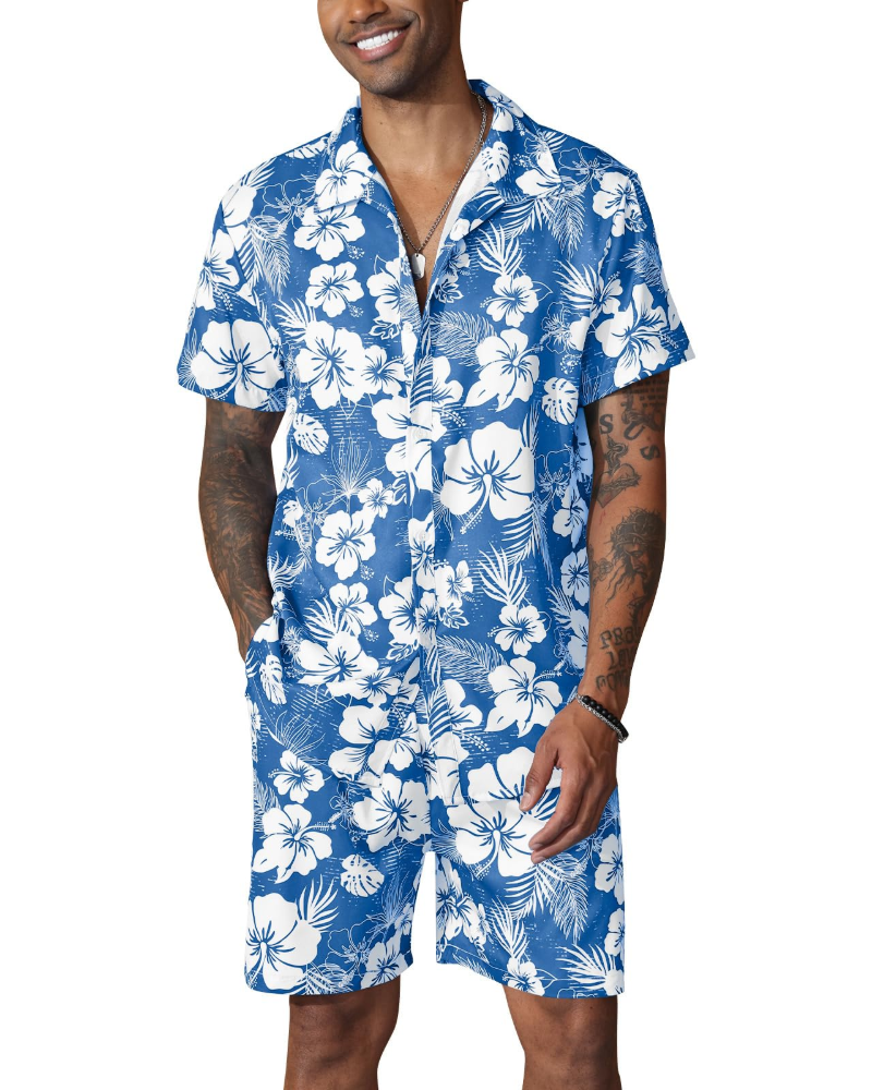 Noah Ensemble Hawaiisk Herre – Blomstret Skjorte & Sommerstrandshorts 2 Dele