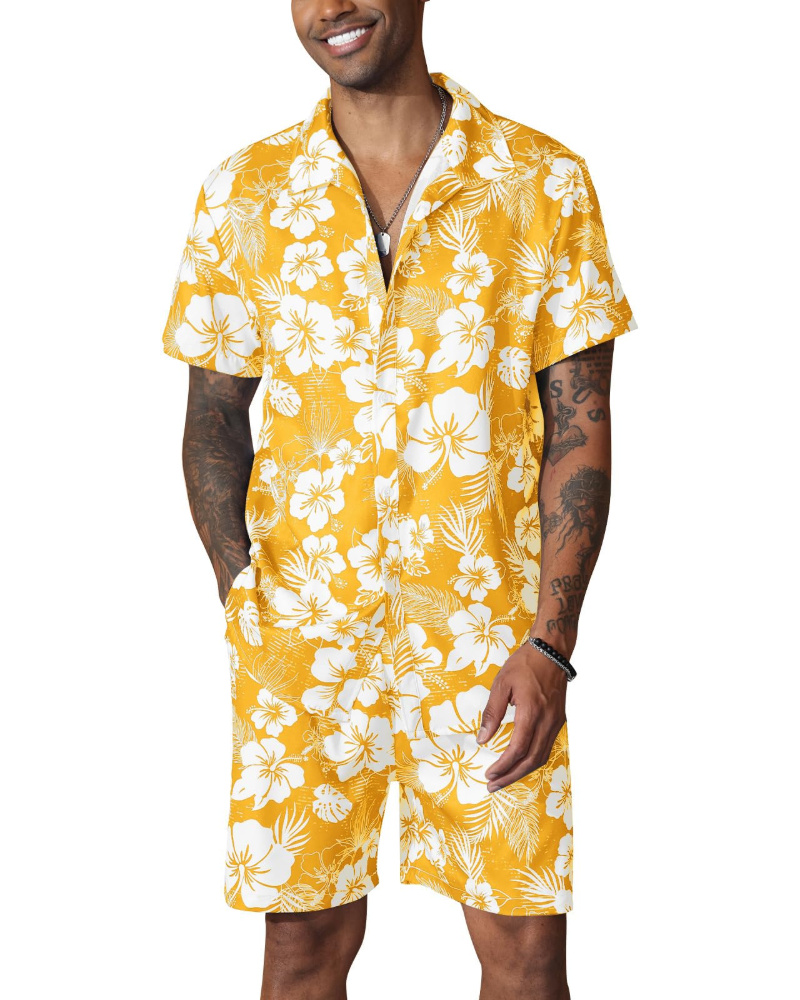 Noah Ensemble Hawaiisk Herre – Blomstret Skjorte & Sommerstrandshorts 2 Dele