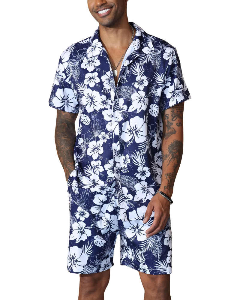 Noah Ensemble Hawaiisk Herre – Blomstret Skjorte & Sommerstrandshorts 2 Dele
