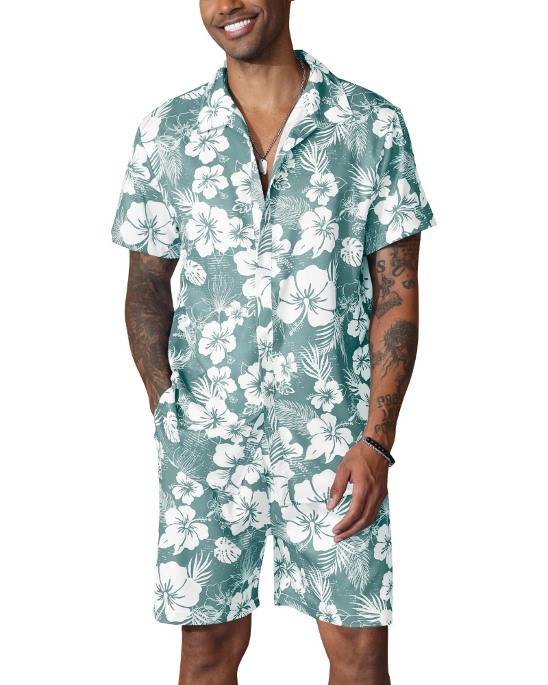 Noah Ensemble Hawaiisk Herre – Blomstret Skjorte & Sommerstrandshorts 2 Dele