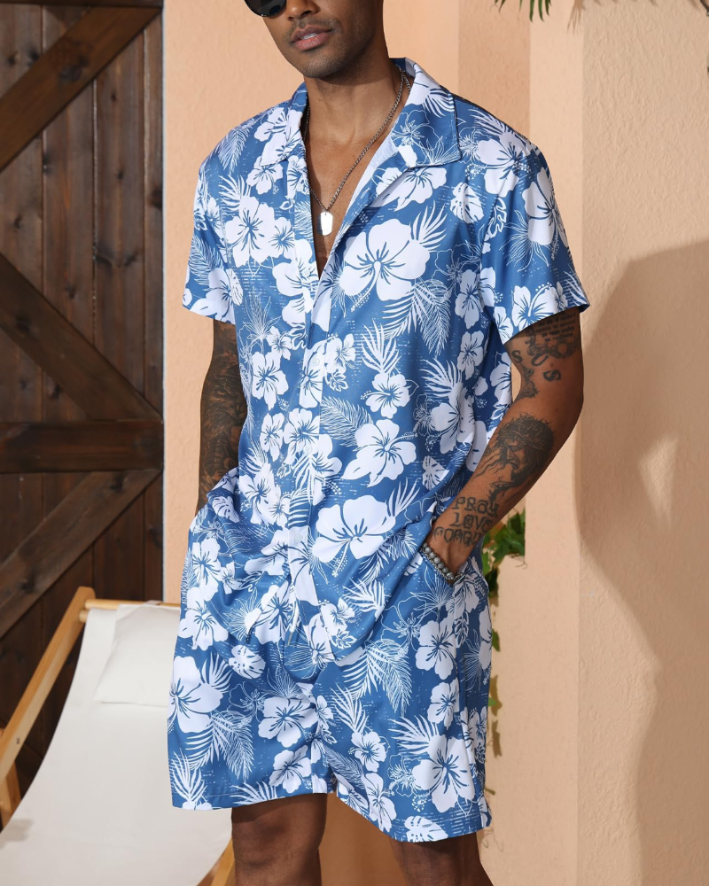 Noah Ensemble Hawaiisk Herre – Blomstret Skjorte & Sommerstrandshorts 2 Dele