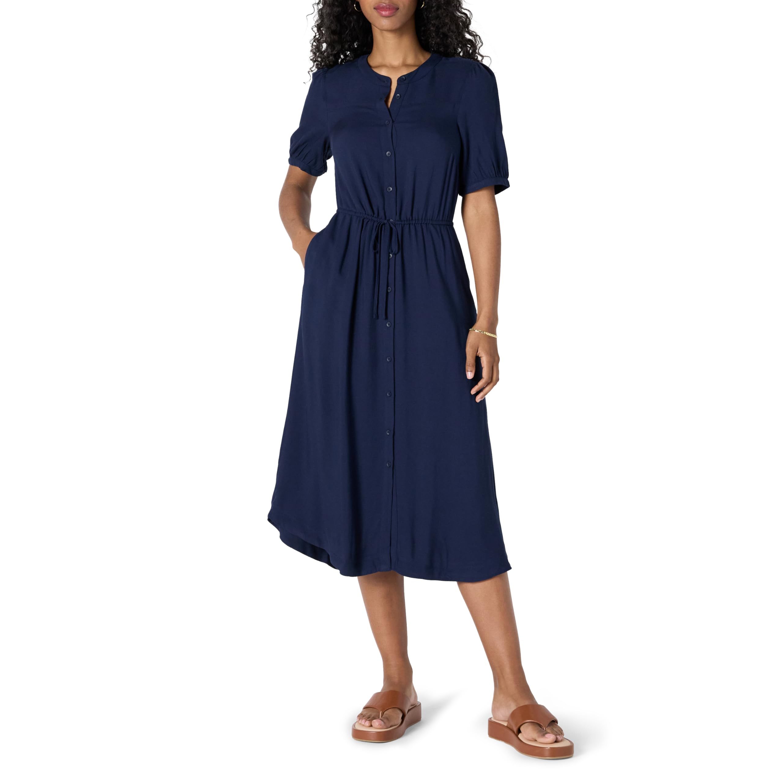 Vestido Krishna para Mulher – Corte A-Line Ajustado, Mangas Curtas e Saia Midi Evasê com Bolsos