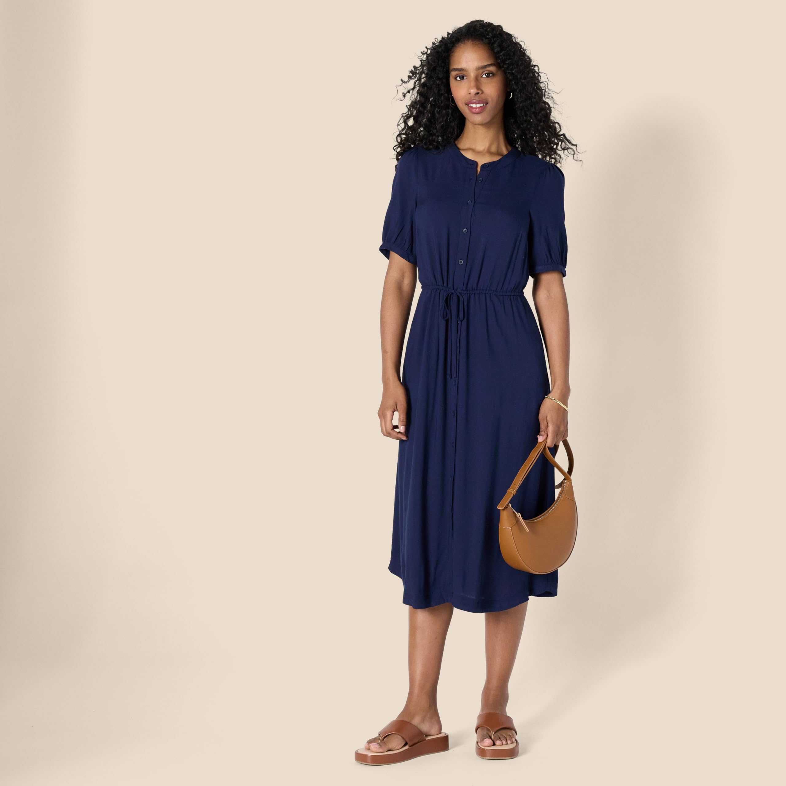Vestido Krishna para Mulher – Corte A-Line Ajustado, Mangas Curtas e Saia Midi Evasê com Bolsos