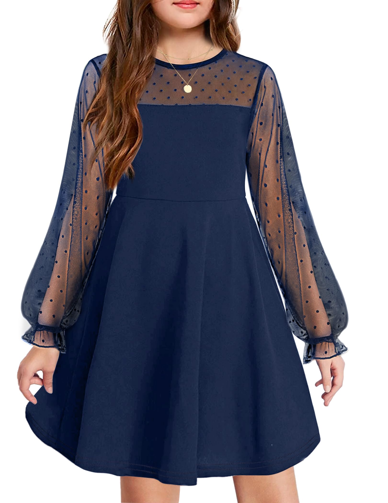 Aishi Mädchenkleid – Lange Mesh-Ärmel, A-Linien Schnitt & Hohe Taille mit Taschen