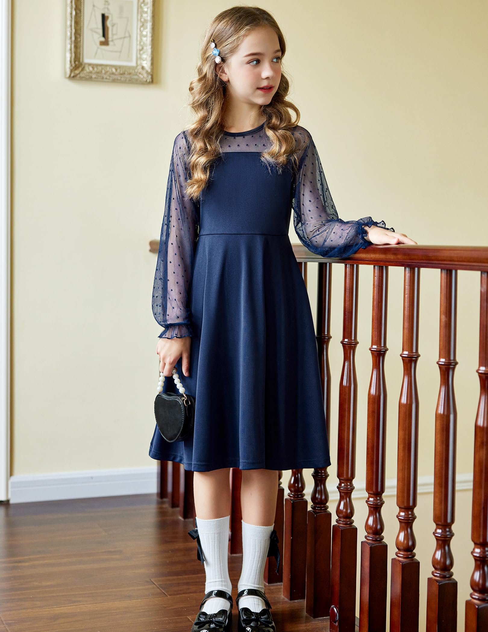 Aishi Mädchenkleid – Lange Mesh-Ärmel, A-Linien Schnitt & Hohe Taille mit Taschen
