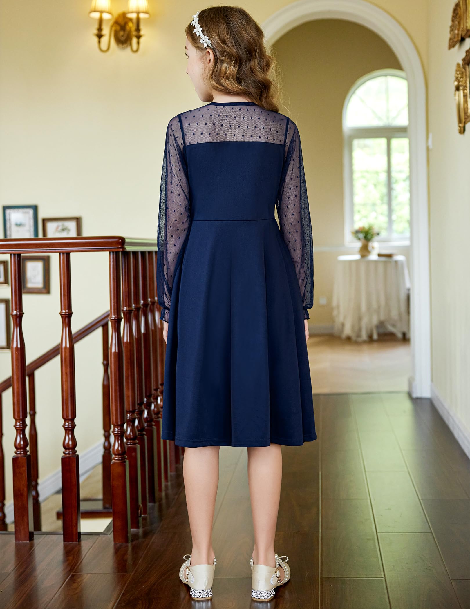 Aishi Mädchenkleid – Lange Mesh-Ärmel, A-Linien Schnitt & Hohe Taille mit Taschen