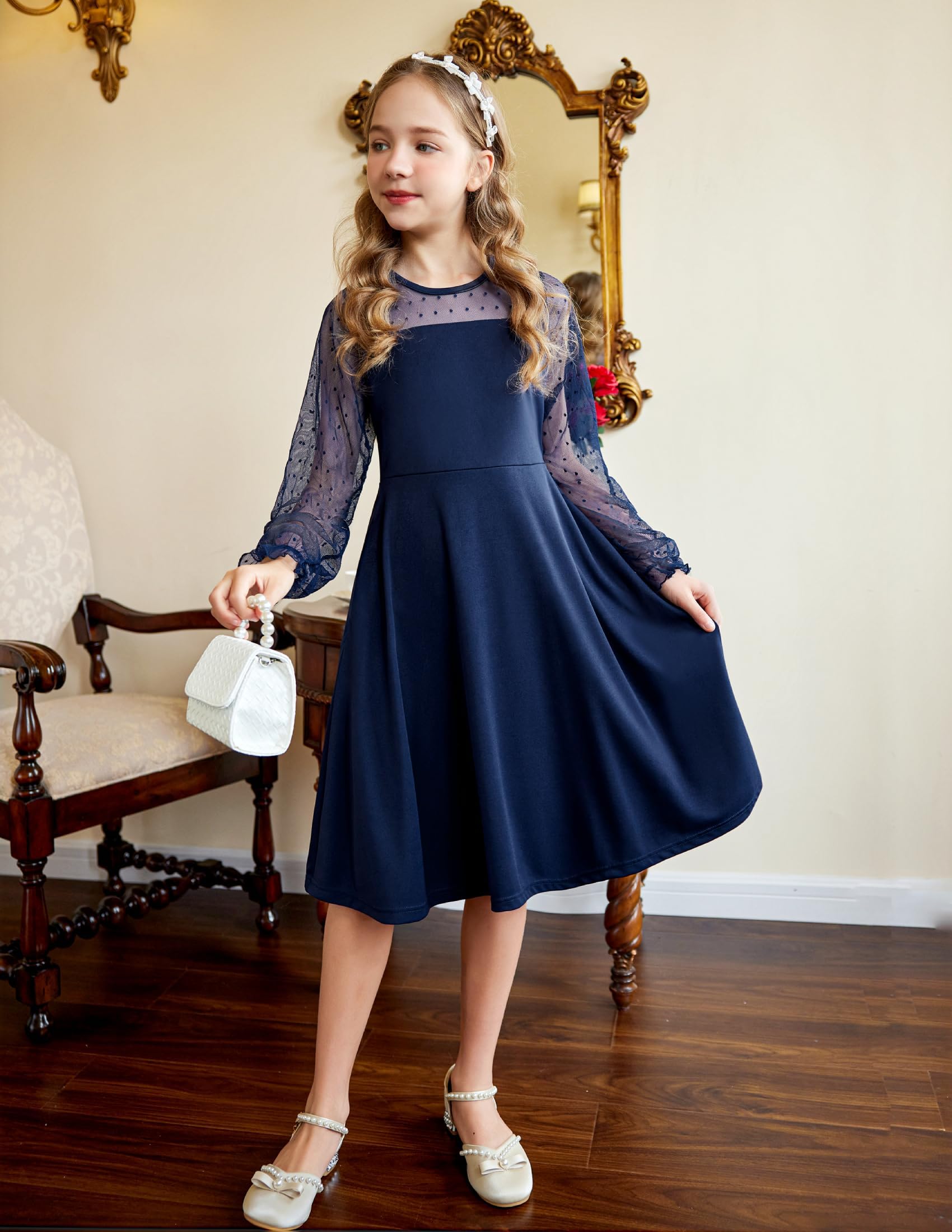 Aishi Mädchenkleid – Lange Mesh-Ärmel, A-Linien Schnitt & Hohe Taille mit Taschen