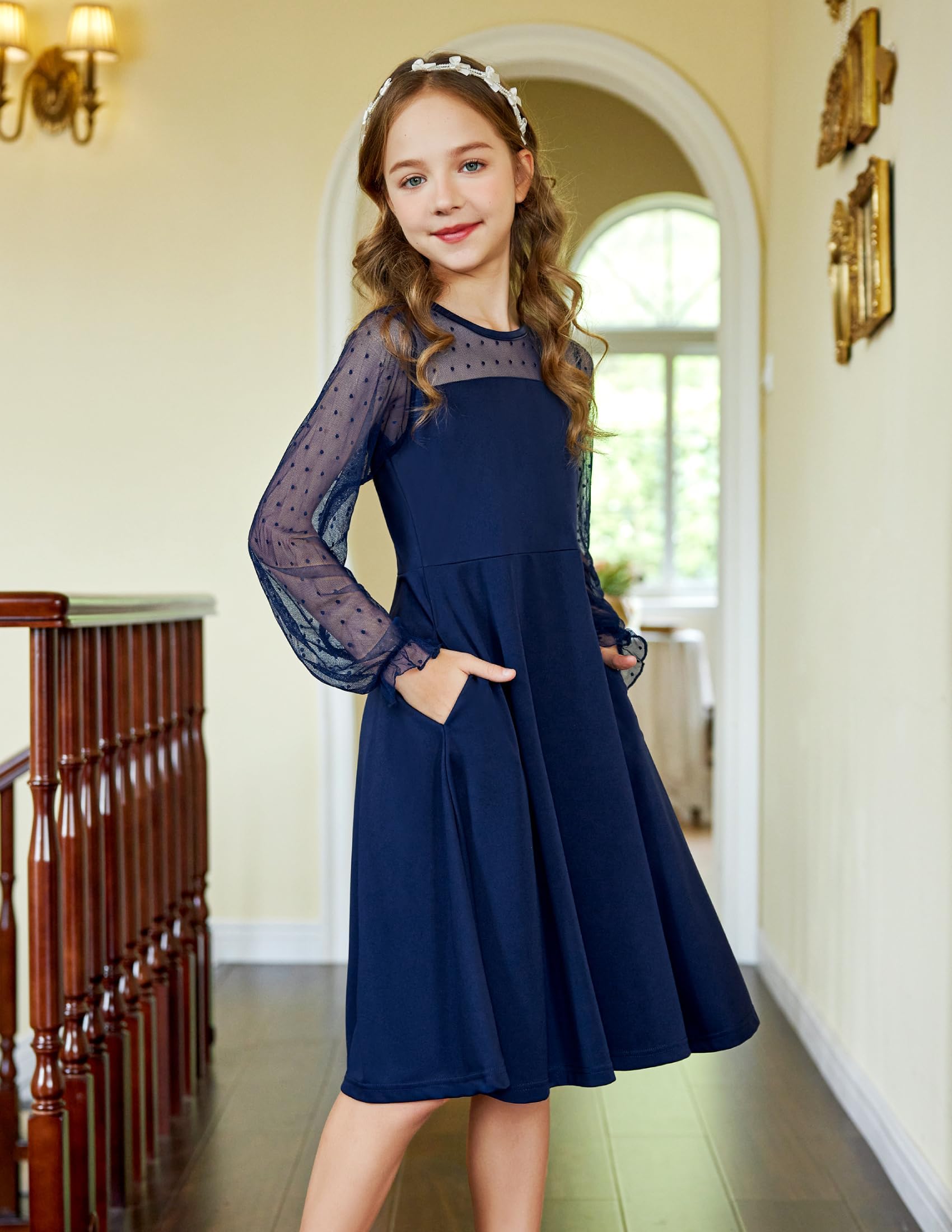 Aishi Mädchenkleid – Lange Mesh-Ärmel, A-Linien Schnitt & Hohe Taille mit Taschen