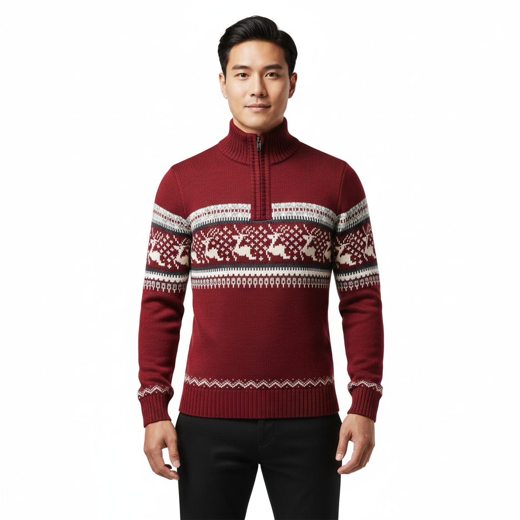 Noah Pull Homme Demi-Zip – Męski sweter nordycki z geometrycznym wzorem i reniferami, wygodny krój