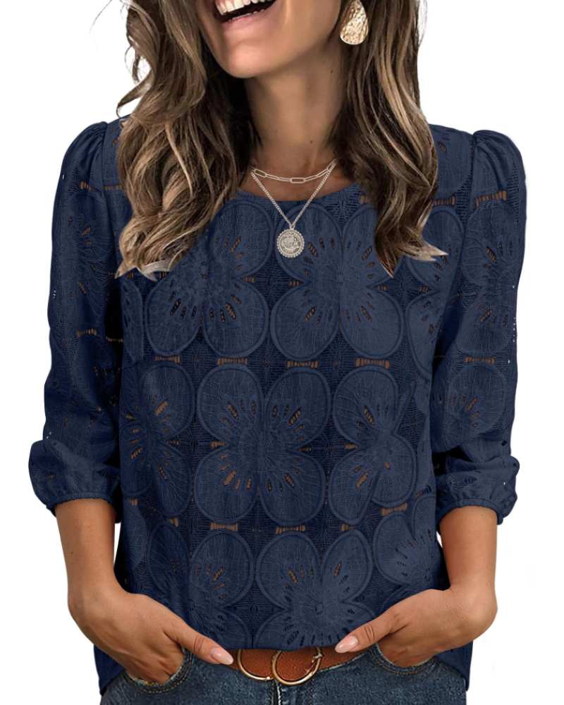 Nolia Women's Blouse – Eyelet Top with Voluminous 3/4 Sleeves, Elegant Casual Chic Style