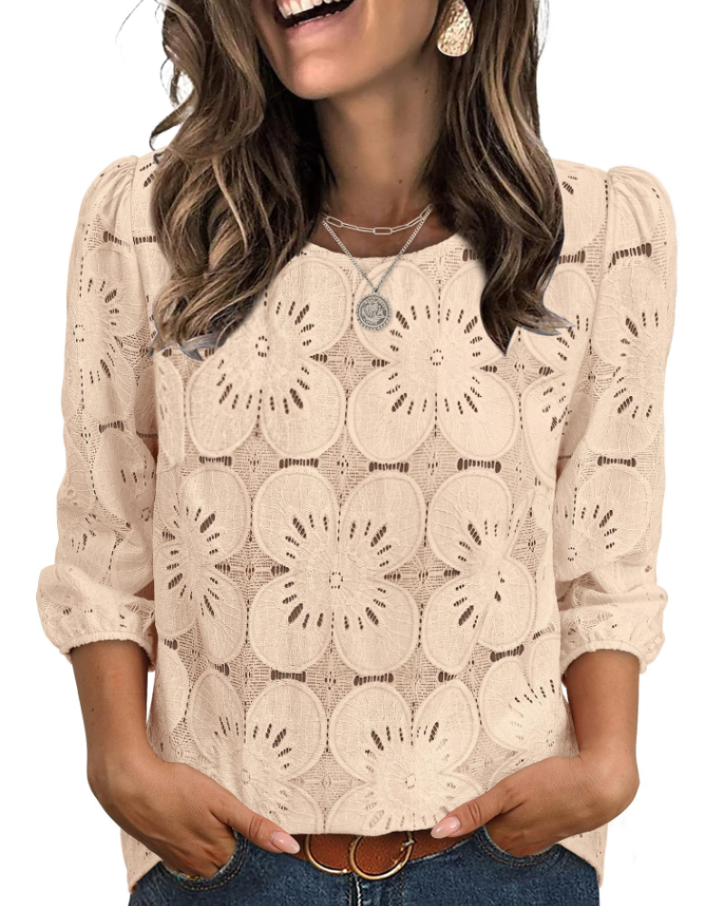 Blusa Nolia para Mujer – Top de Ojal con Mangas 3/4 Voluminosas, Estilo Elegante Casual Chic