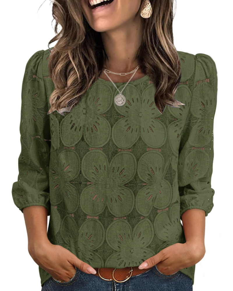 Blusa Nolia para Mujer – Top de Ojal con Mangas 3/4 Voluminosas, Estilo Elegante Casual Chic