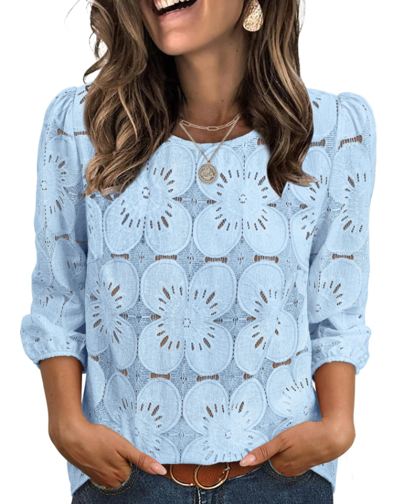 Blusa Nolia para Mujer – Top de Ojal con Mangas 3/4 Voluminosas, Estilo Elegante Casual Chic