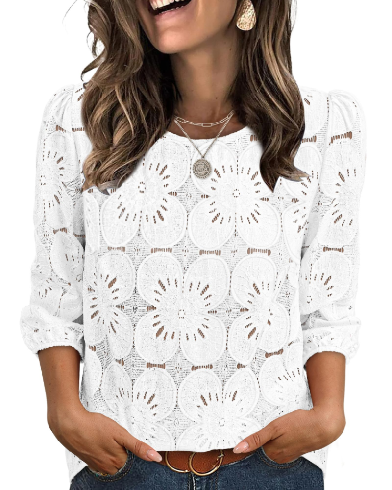 Blusa Nolia para Mujer – Top de Ojal con Mangas 3/4 Voluminosas, Estilo Elegante Casual Chic