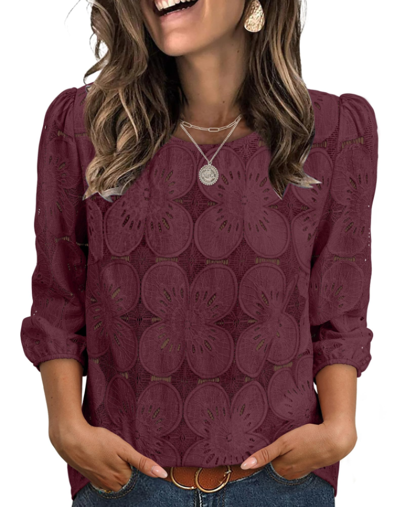 Blusa Nolia para Mujer – Top de Ojal con Mangas 3/4 Voluminosas, Estilo Elegante Casual Chic