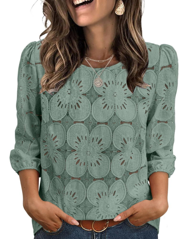 Blusa Nolia para Mujer – Top de Ojal con Mangas 3/4 Voluminosas, Estilo Elegante Casual Chic