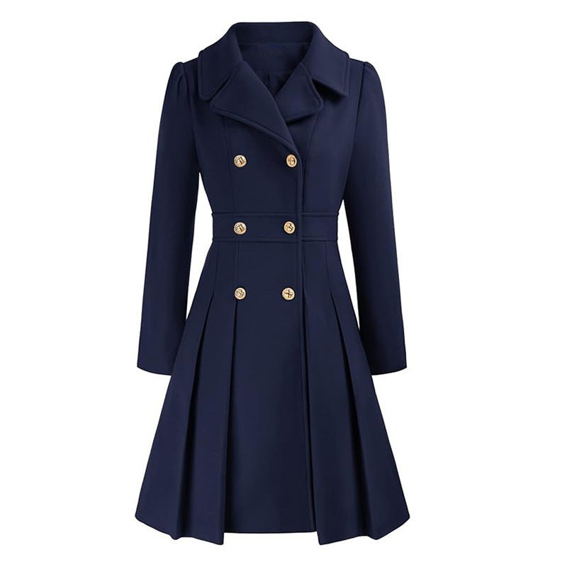 Livy taillierter Damen-Trench – Eleganter Mantel mit doppelter Knopfleiste, Gürtel und Faltenrock