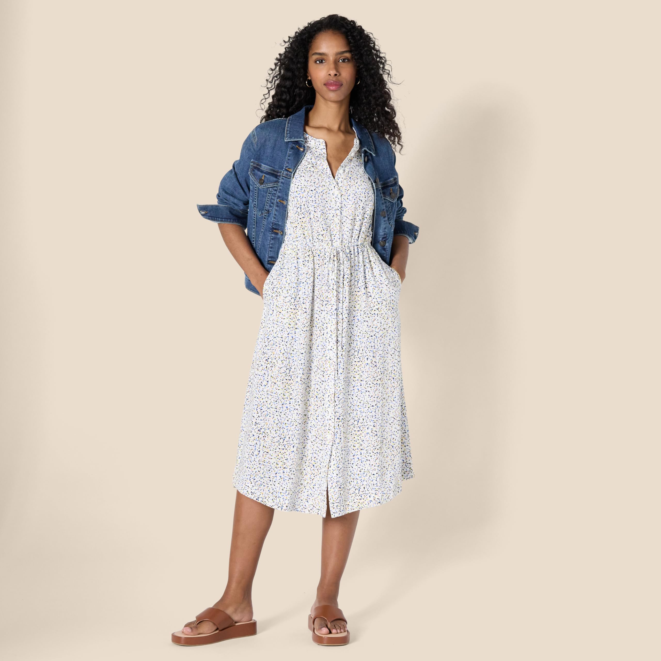Vestido Krishna para Mulher – Corte A-Line Ajustado, Mangas Curtas e Saia Midi Evasê com Bolsos