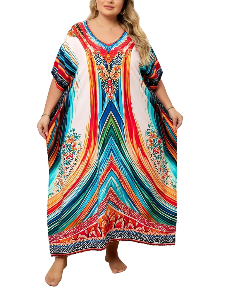 Olive Kaftan Dame Store Størrelser – Maxi Strandkjole Flydende, Løs Pasform & Boheme Stil
