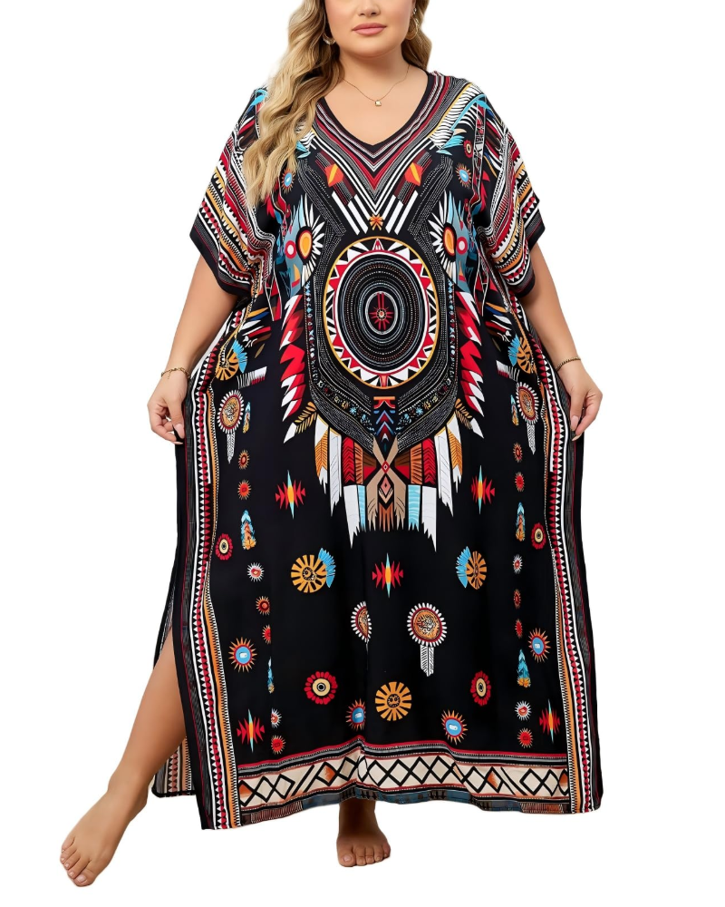 Olive Kaftan Dame Store Størrelser – Maxi Strandkjole Flydende, Løs Pasform & Boheme Stil