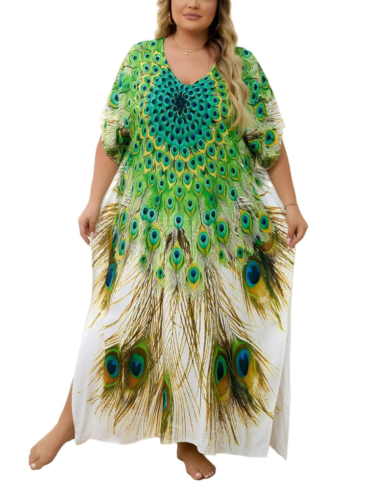 Olive Kaftan Dame Store Størrelser – Maxi Strandkjole Flydende, Løs Pasform & Boheme Stil