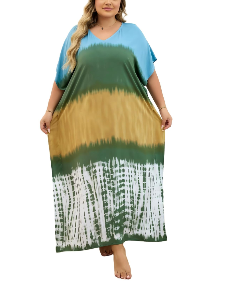 Olive Kaftan Dame Store Størrelser – Maxi Strandkjole Flydende, Løs Pasform & Boheme Stil