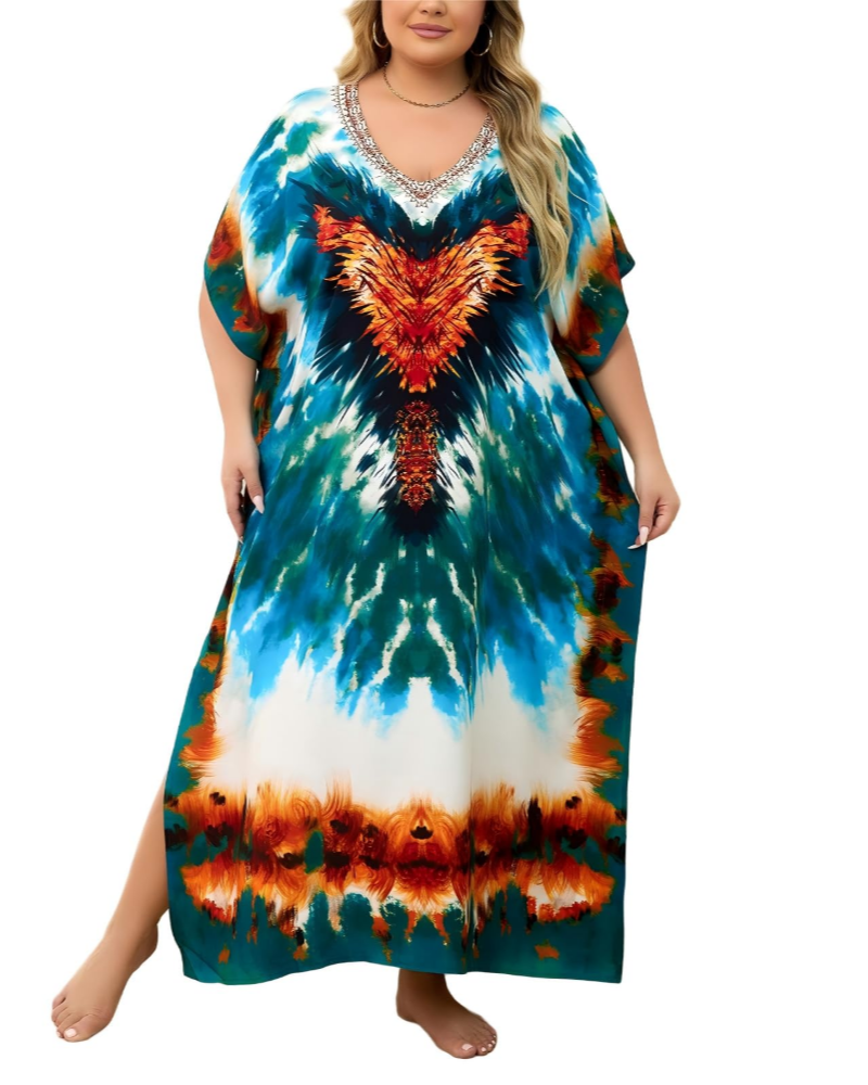 Olive Kaftan Dame Store Størrelser – Maxi Strandkjole Flydende, Løs Pasform & Boheme Stil