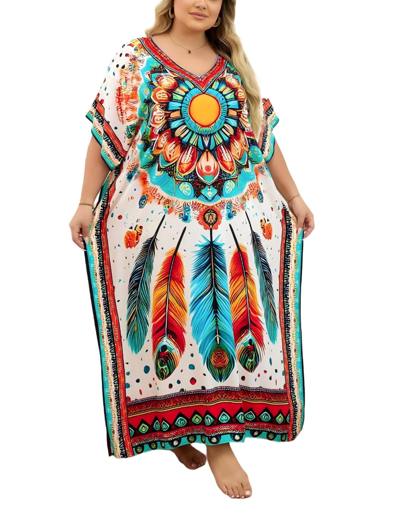 Olive Kaftan Dame Store Størrelser – Maxi Strandkjole Flydende, Løs Pasform & Boheme Stil