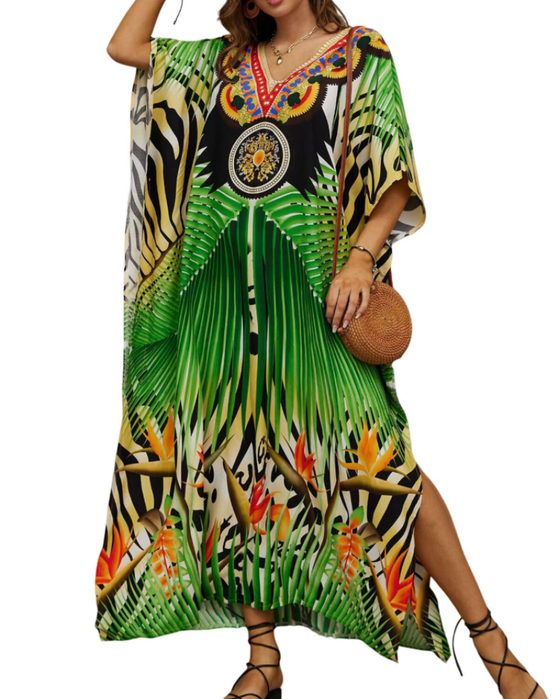 Olive Kaftan Dame Store Størrelser – Maxi Strandkjole Flydende, Løs Pasform & Boheme Stil