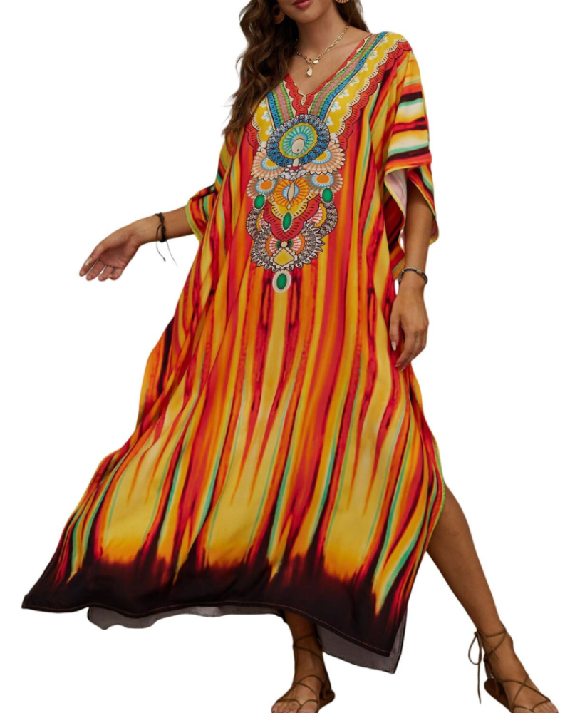 Olive Kaftan Dame Store Størrelser – Maxi Strandkjole Flydende, Løs Pasform & Boheme Stil