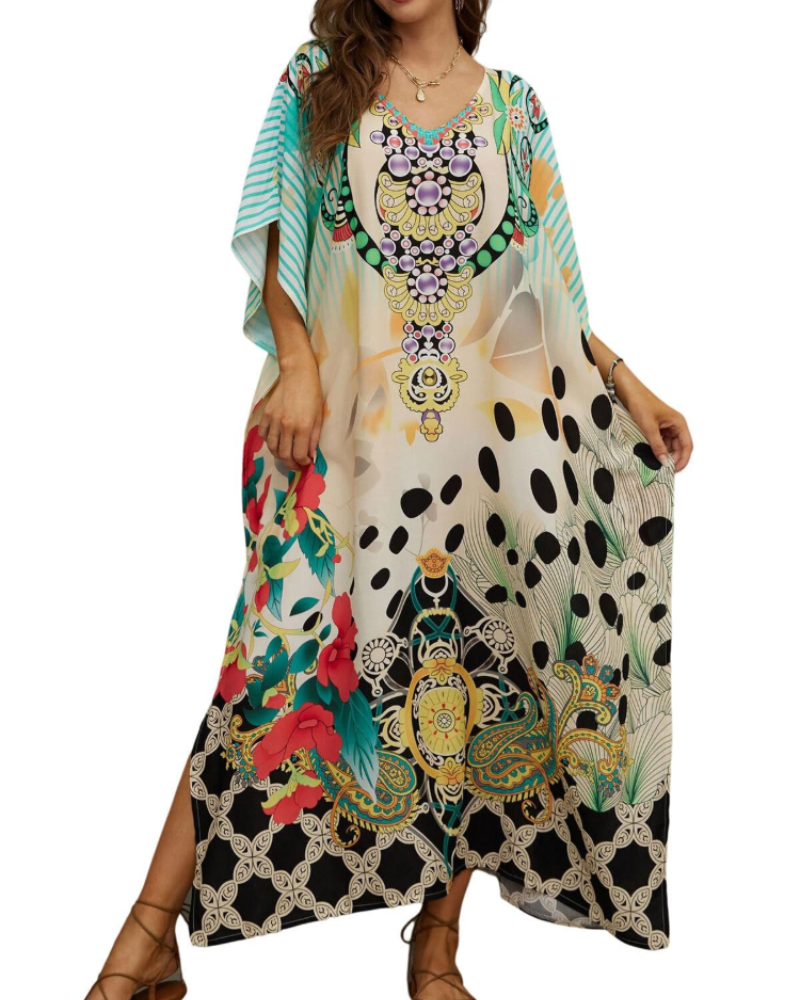 Olive Kaftan Dame Store Størrelser – Maxi Strandkjole Flydende, Løs Pasform & Boheme Stil