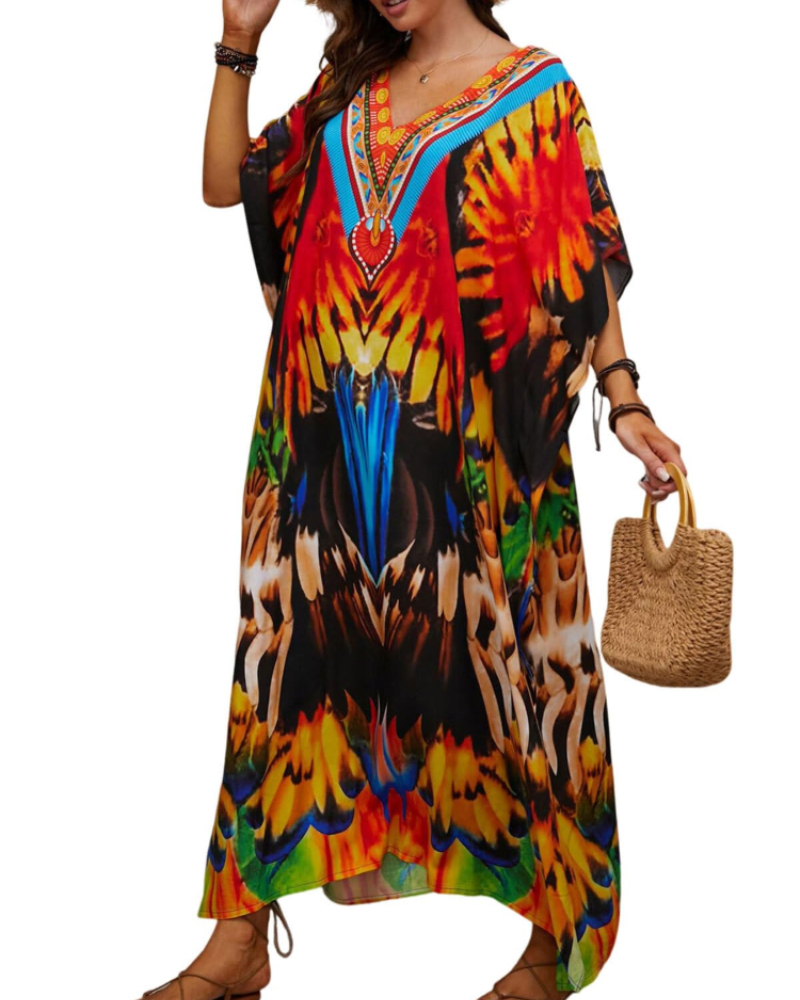 Olive Kaftan Dame Store Størrelser – Maxi Strandkjole Flydende, Løs Pasform & Boheme Stil