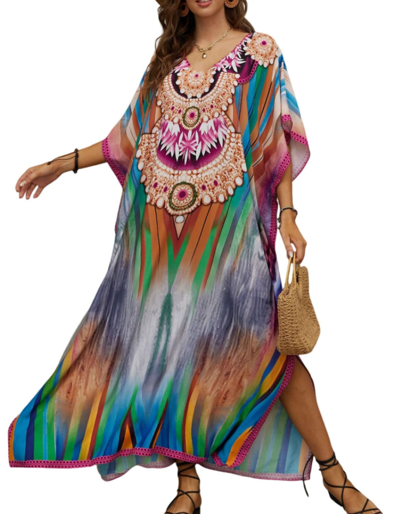Olive Kaftan Dame Store Størrelser – Maxi Strandkjole Flydende, Løs Pasform & Boheme Stil