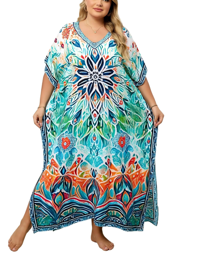 Olive Kaftan Dame Store Størrelser – Maxi Strandkjole Flydende, Løs Pasform & Boheme Stil