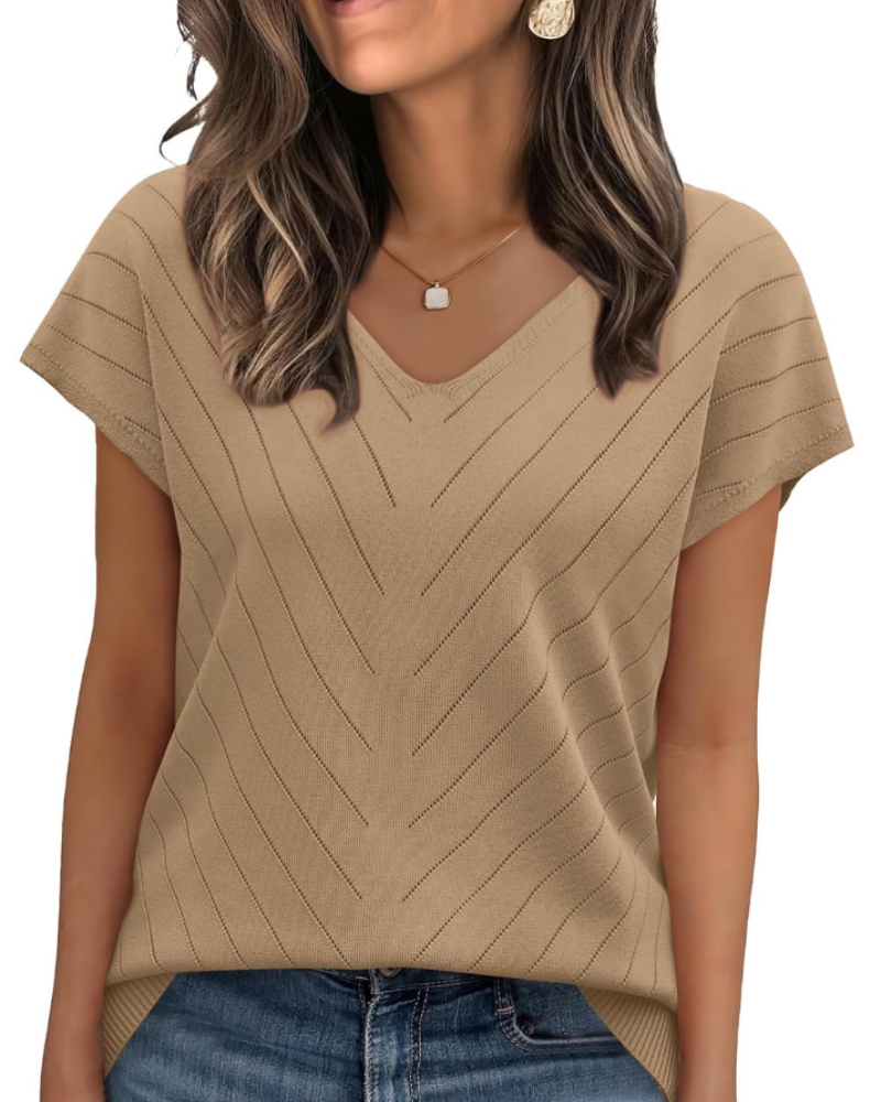 Orina Top Femme – Lehký krátký rukáv s výstřihem do V, styl elegantní a business casual