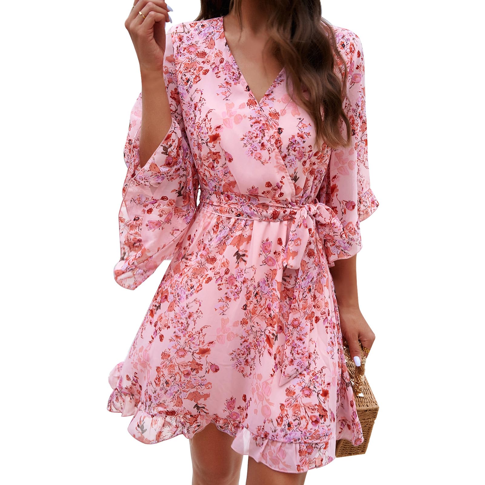 Robe Odessa Mulher – Cache-coração Decote em V Floral, Mangas Sino & Mini Musselina Elegante