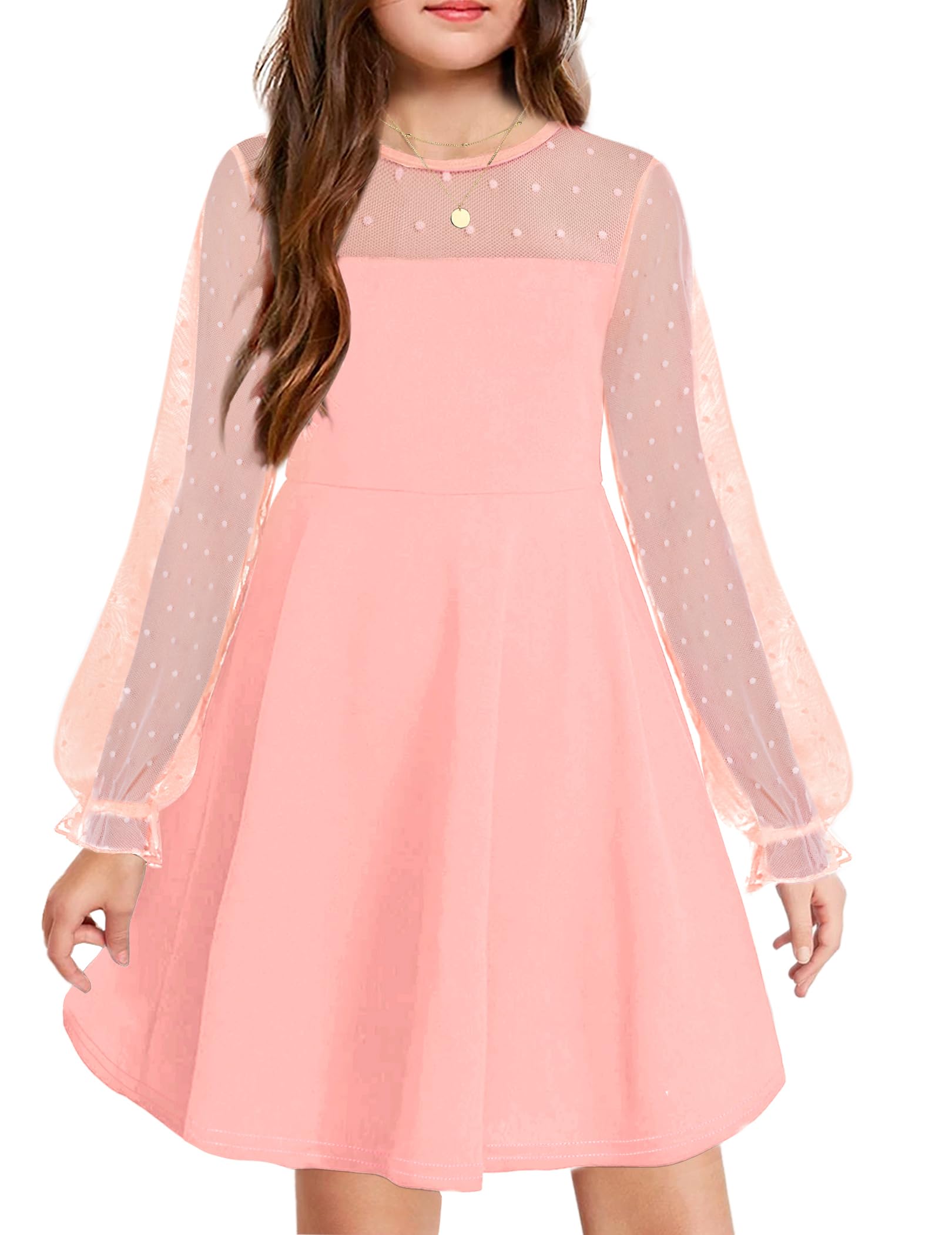 Aishi Mädchenkleid – Lange Mesh-Ärmel, A-Linien Schnitt & Hohe Taille mit Taschen