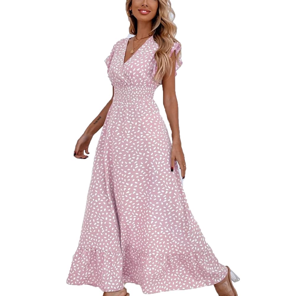 Gina maxi jurk dames – V-hals bloemenprint, pettal mouwen & elastische taille, luchtig zomer