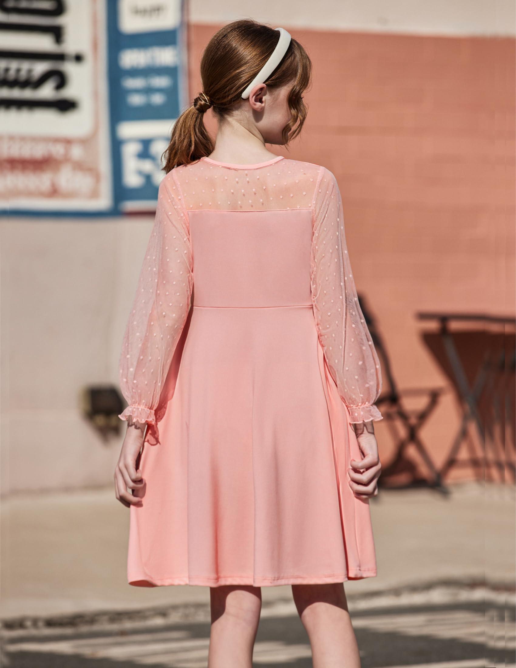 Aishi Mädchenkleid – Lange Mesh-Ärmel, A-Linien Schnitt & Hohe Taille mit Taschen