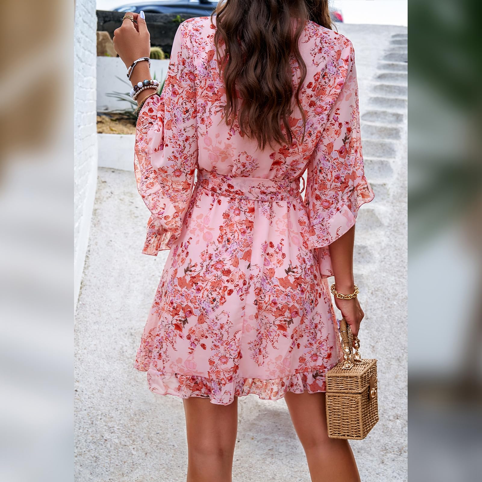 Robe Odessa Mulher – Cache-coração Decote em V Floral, Mangas Sino & Mini Musselina Elegante