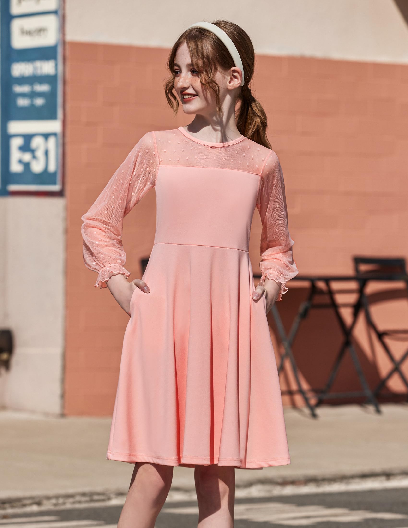 Aishi Mädchenkleid – Lange Mesh-Ärmel, A-Linien Schnitt & Hohe Taille mit Taschen