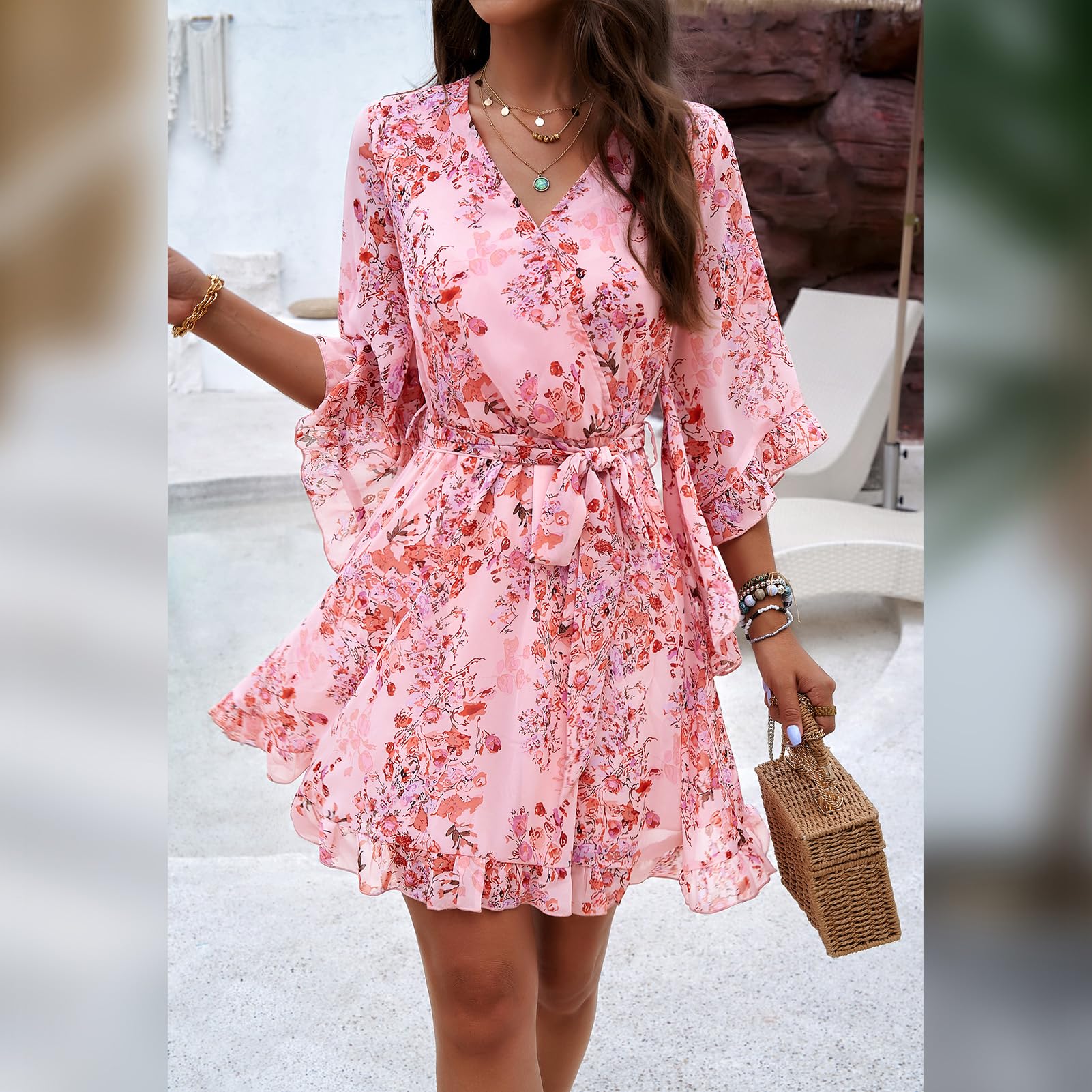 Robe Odessa Mulher – Cache-coração Decote em V Floral, Mangas Sino & Mini Musselina Elegante