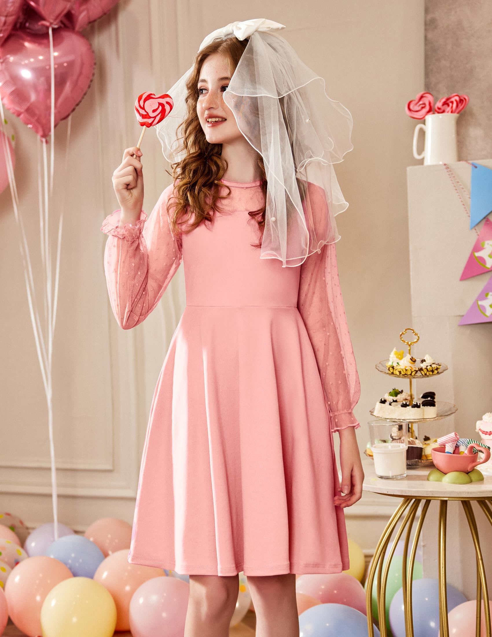 Aishi Mädchenkleid – Lange Mesh-Ärmel, A-Linien Schnitt & Hohe Taille mit Taschen
