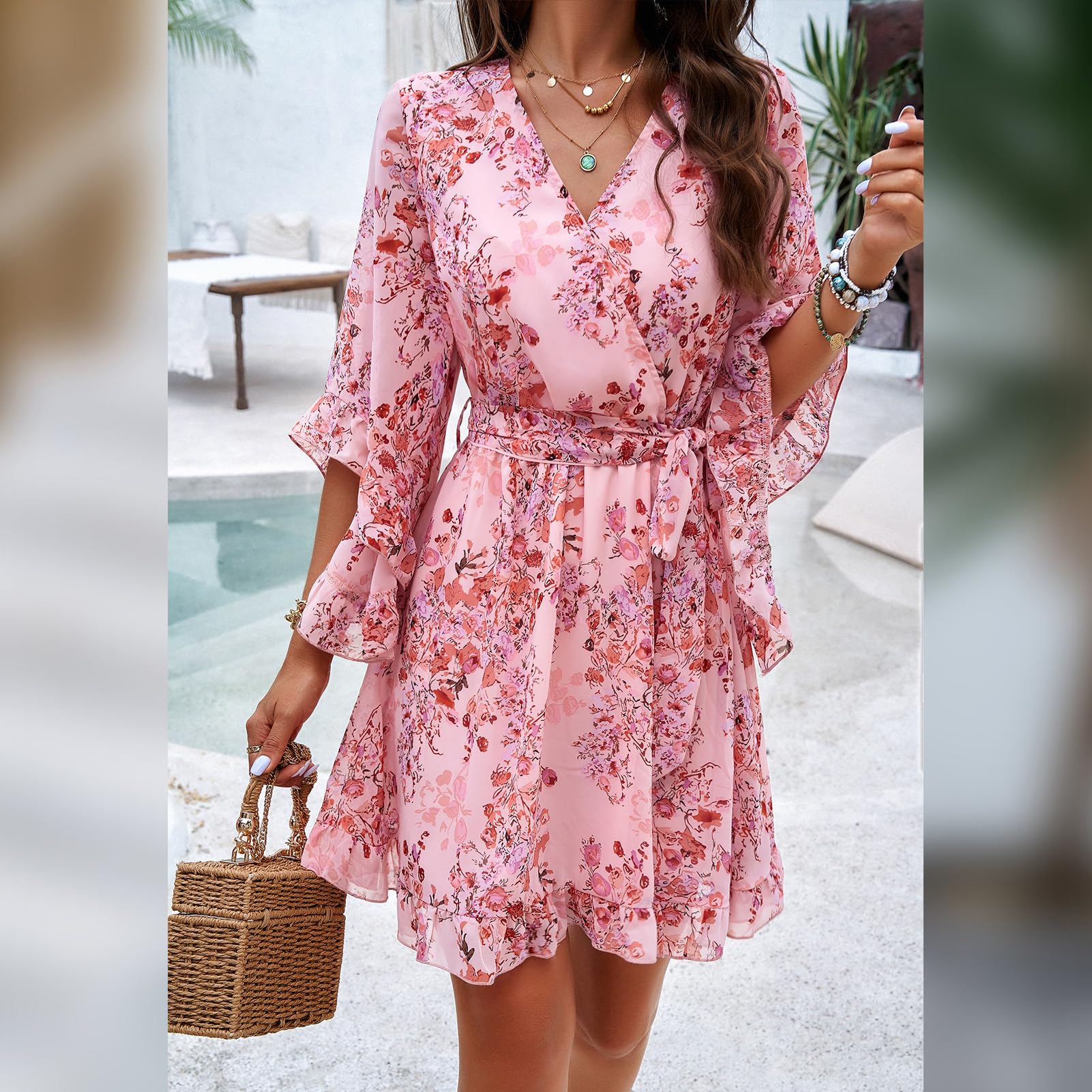 Robe Odessa Mulher – Cache-coração Decote em V Floral, Mangas Sino & Mini Musselina Elegante