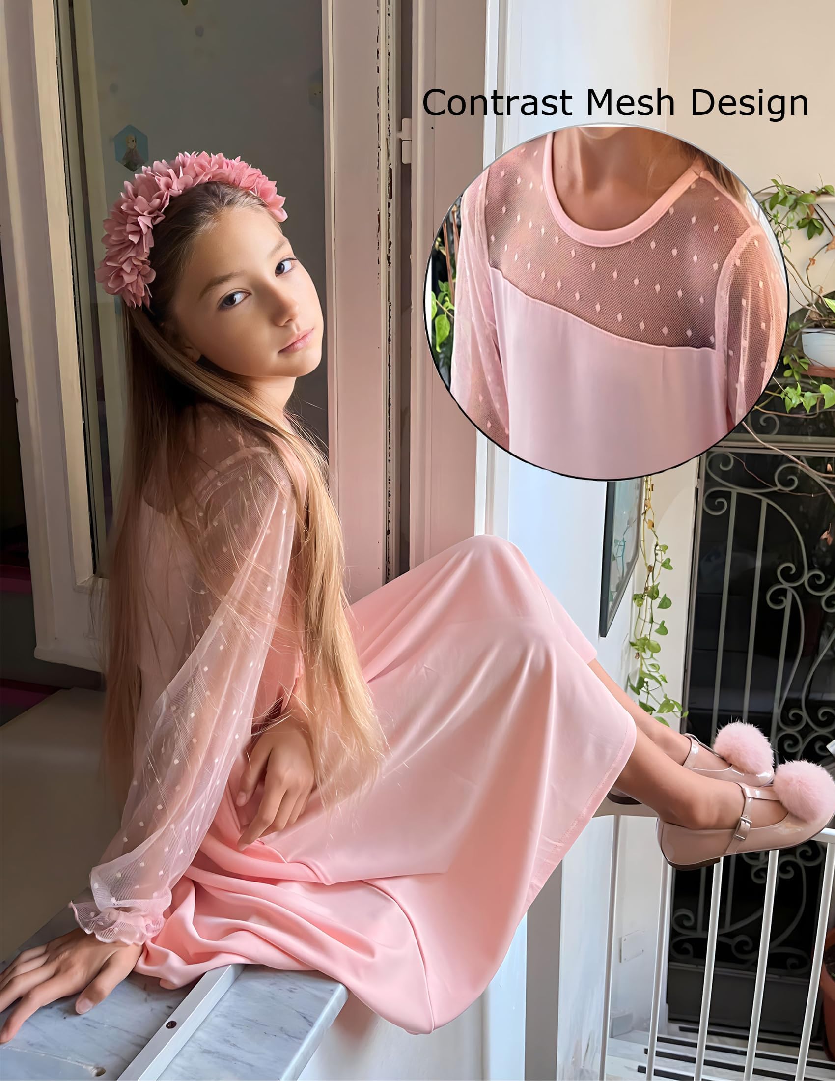 Aishi Mädchenkleid – Lange Mesh-Ärmel, A-Linien Schnitt & Hohe Taille mit Taschen
