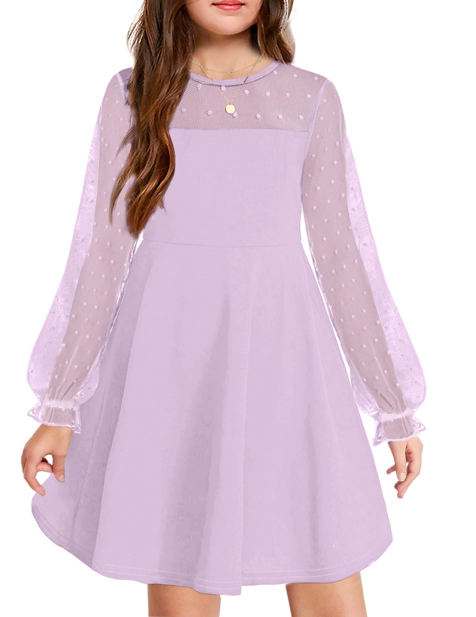Aishi Mädchenkleid – Lange Mesh-Ärmel, A-Linien Schnitt & Hohe Taille mit Taschen