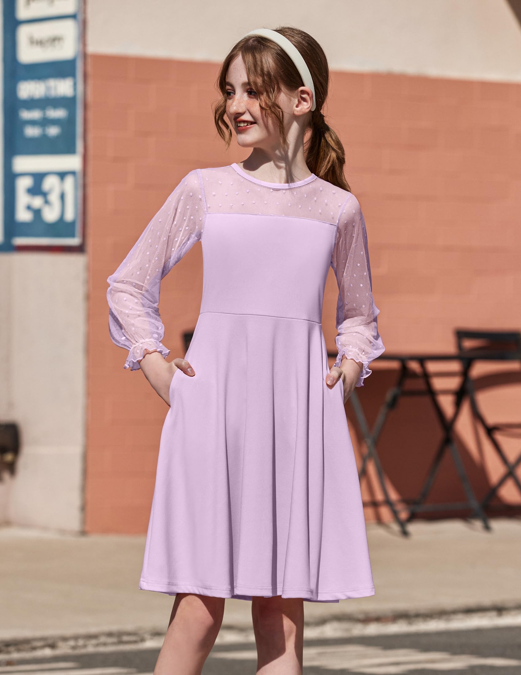 Aishi Mädchenkleid – Lange Mesh-Ärmel, A-Linien Schnitt & Hohe Taille mit Taschen